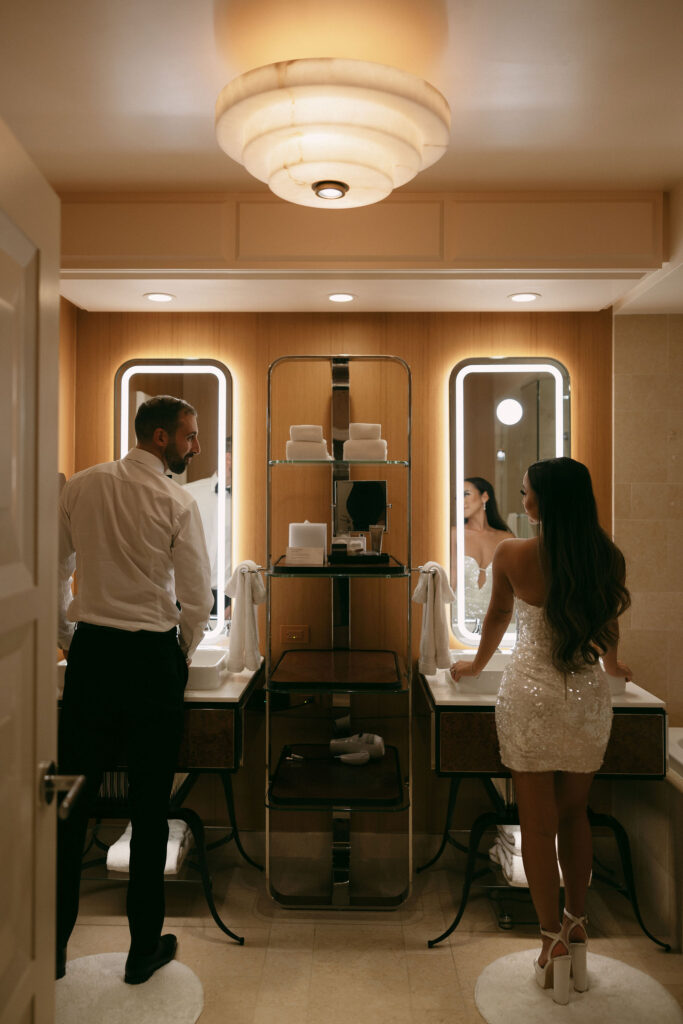 Bride and grooms Wynn Las Vegas elopement photos in the bathroom