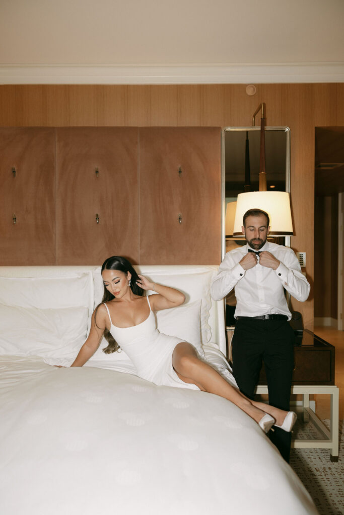 Bride and grooms Wynn Las Vegas elopement photos in their hotel suite