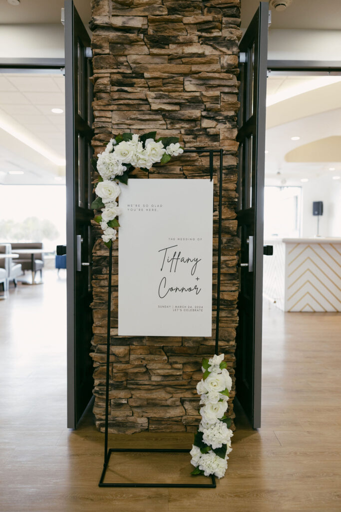 Indoor wedding reception welcome sign