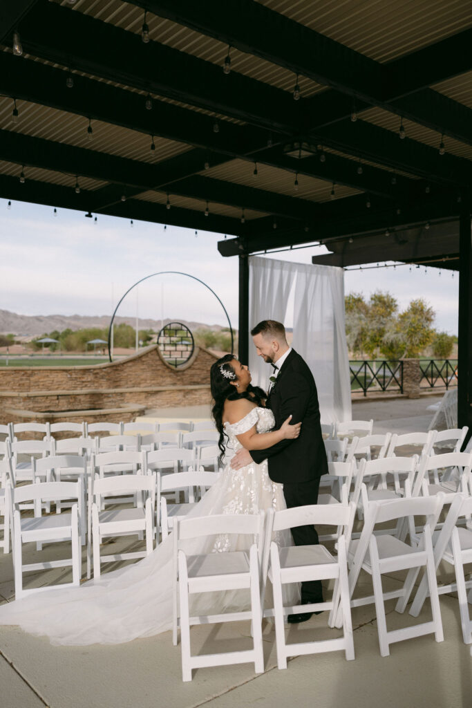 Bride and grooms Stallion Mountain wedding portraits on the patio