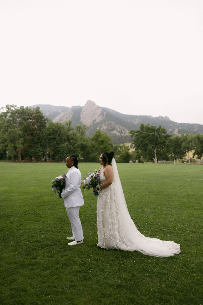 Couple sharing a first look just before their wedding ceremony