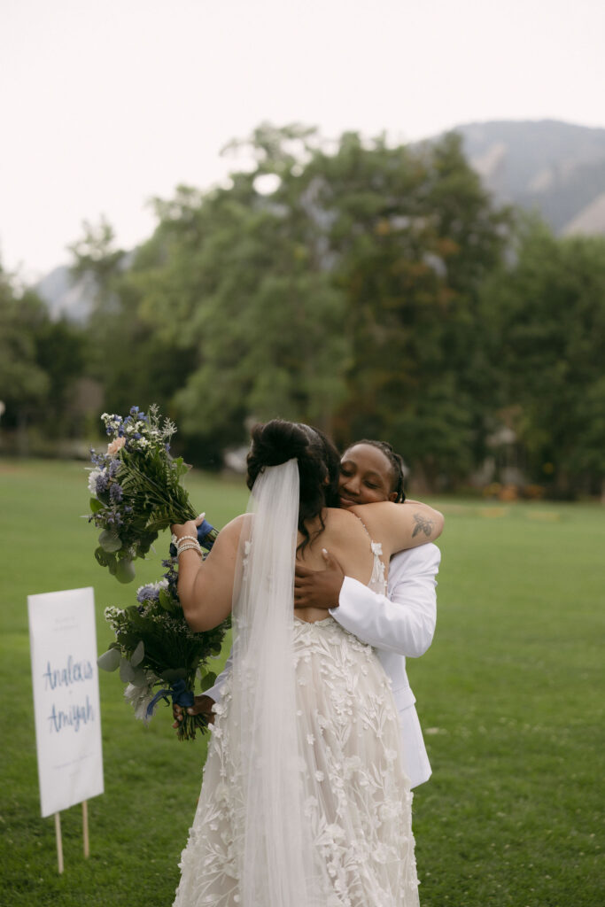 Couple sharing a first look just before their wedding ceremony