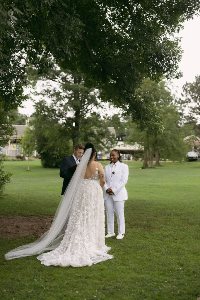 Couple standing at the altar during their Chautauqua Park, Boulder, CO wedding ceremony