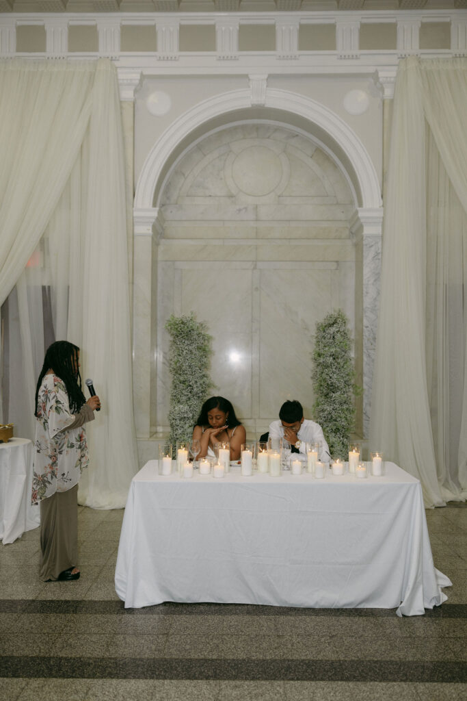 Bride and groom getting emotional during speeches