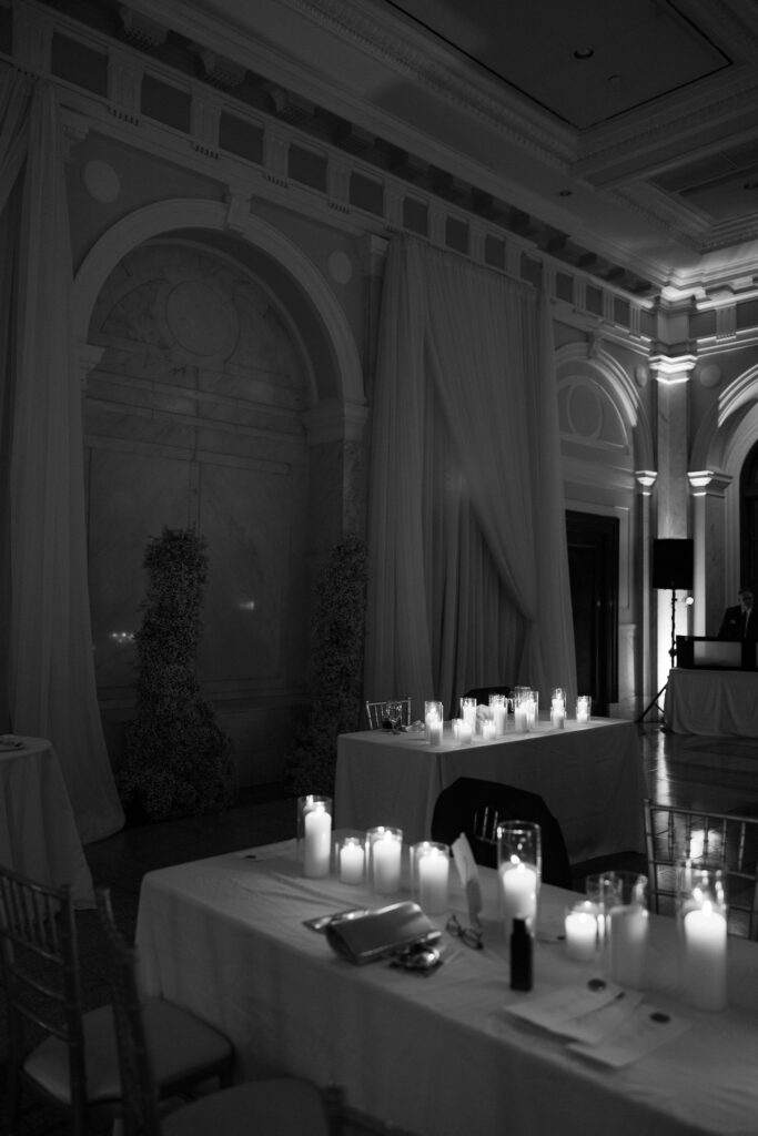 Black and white photo of an intimate and romantic Historic DeKalb Courthouse wedding reception in Atlanta, Georgia