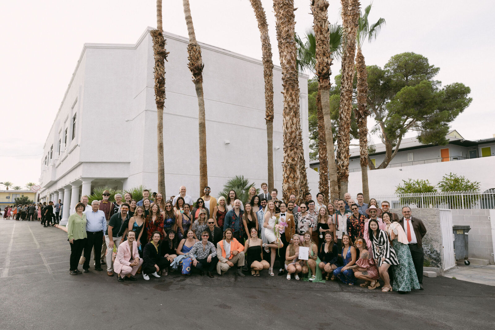 Large group shot after a Las Vegas wedding at Little White Wedding Chapel