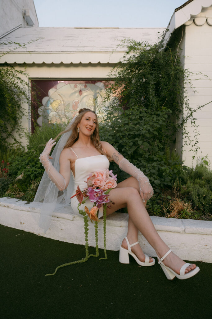 Las Vegas bridal portraits outside of Little White Wedding Chapel