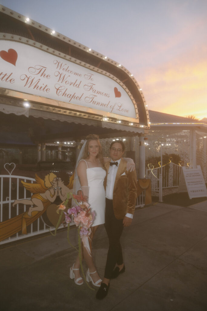Filmy Las Vegas wedding portraits at The Little White Wedding Chapel