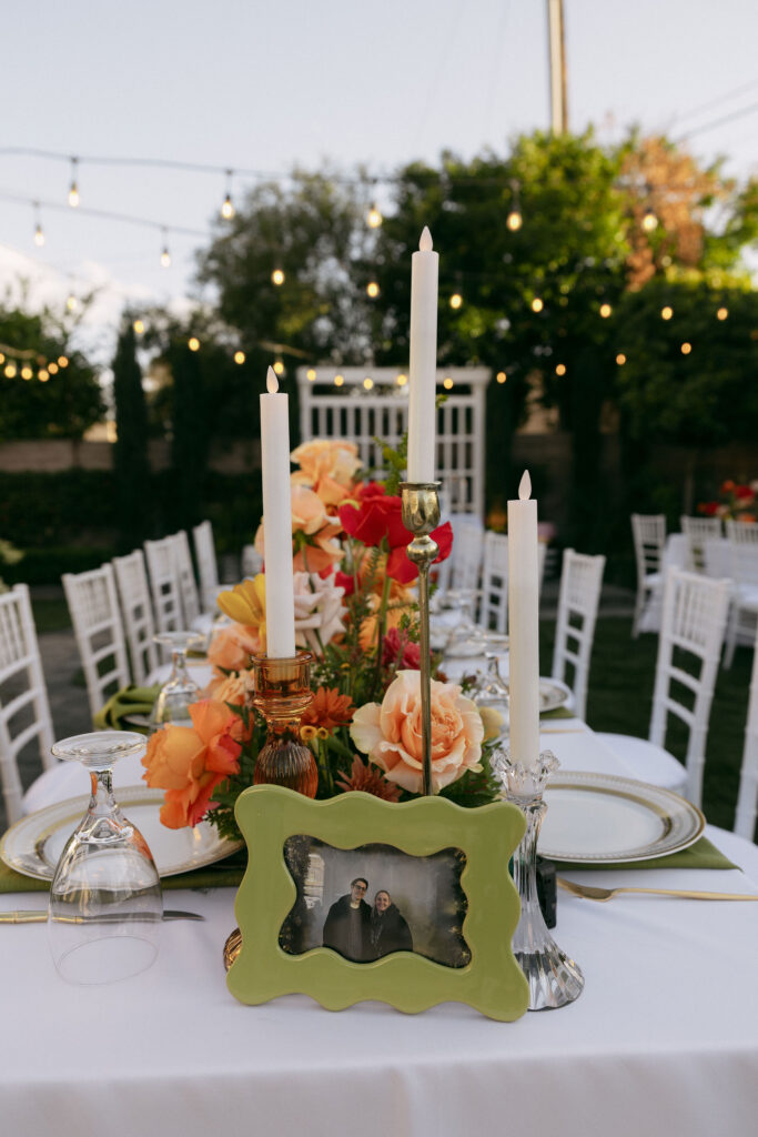 Colorful Midcentury Manor wedding reception décor and florals