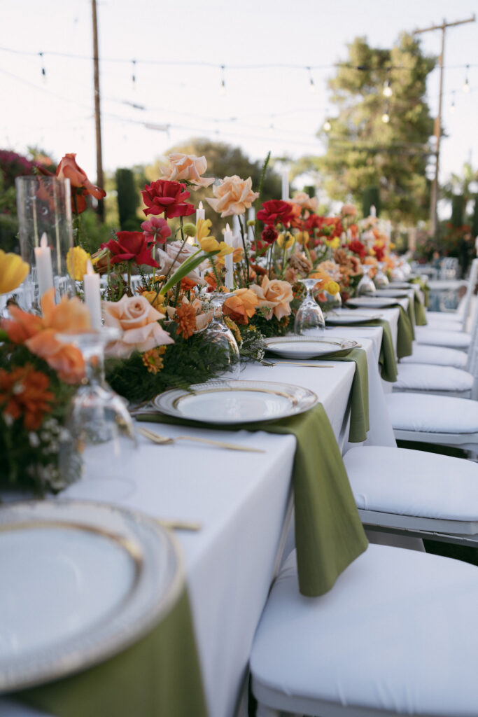 Colorful wedding reception decor at Midcentury Manor