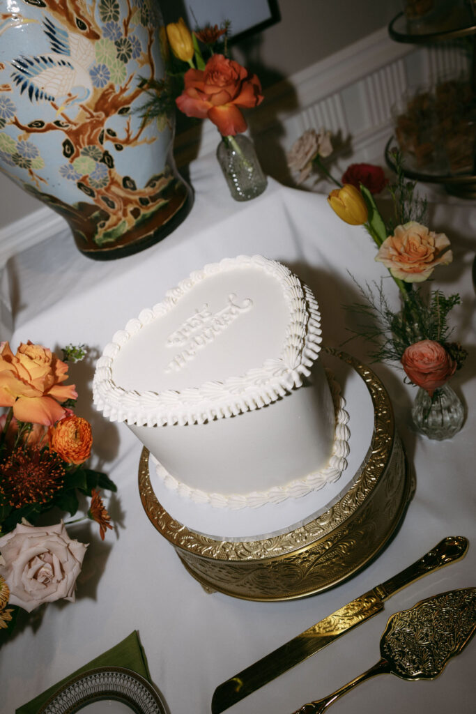 White heart shaped wedding cake