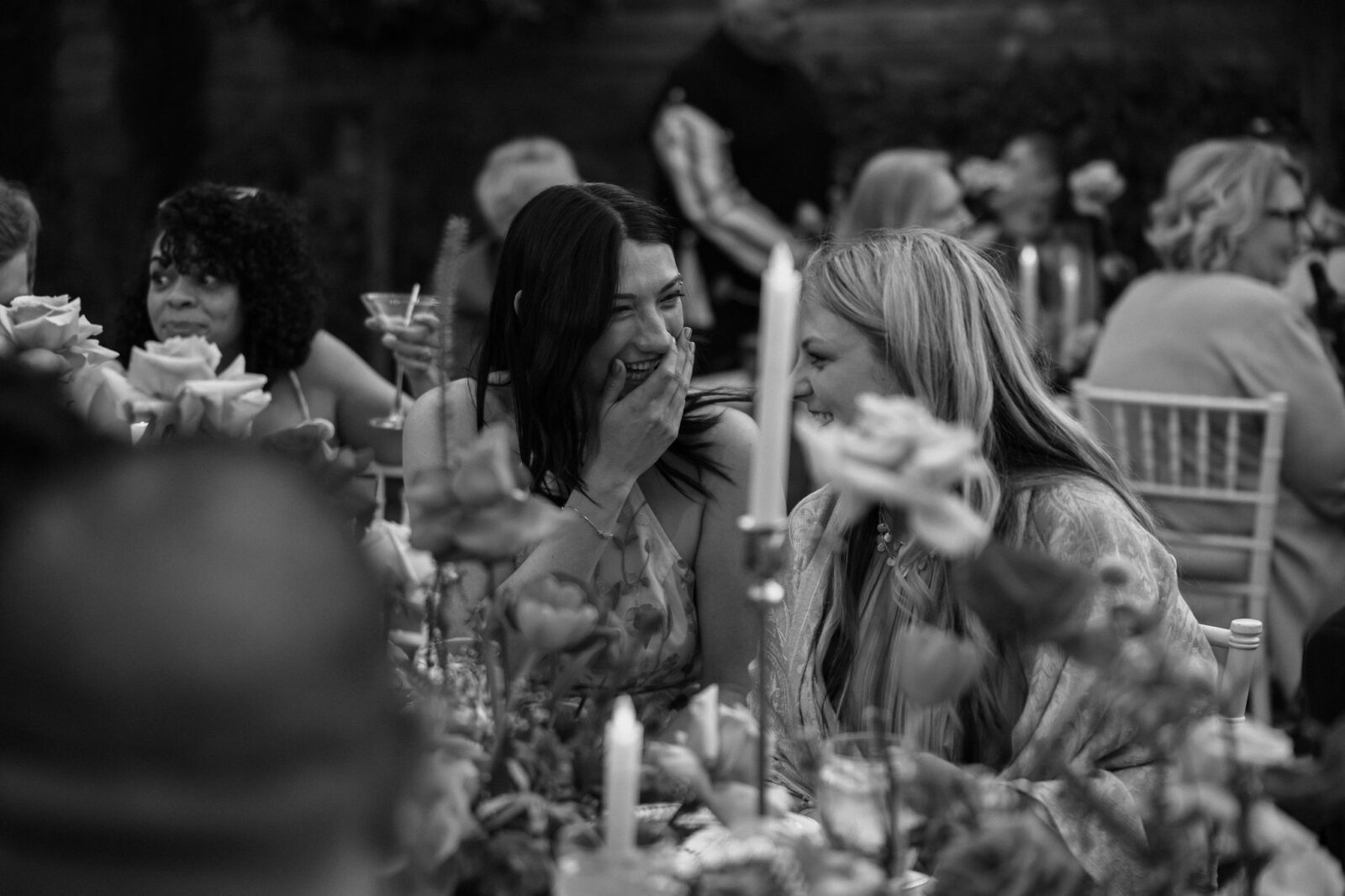 Black and white candid wedding reception photo at Midcentury Manor in Las Vegas