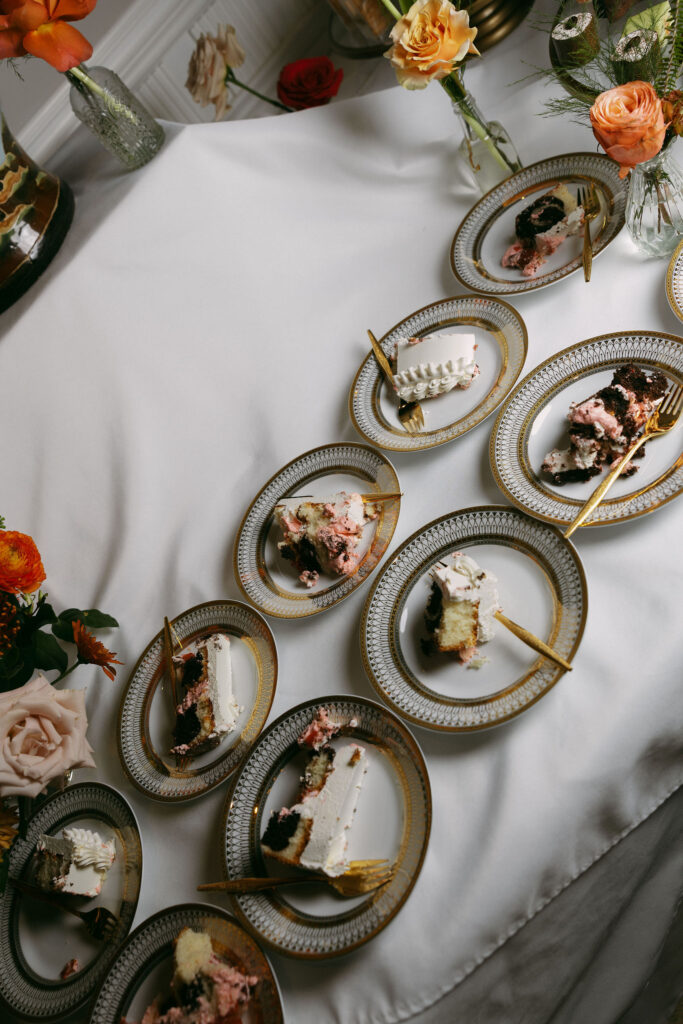 Slices of cut wedding cake detail shot