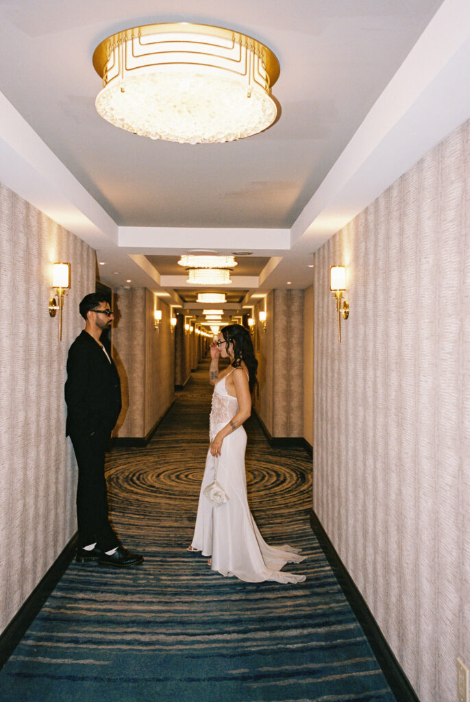 Couples Bellagio elopement photos in Las Vegas captured on all-film