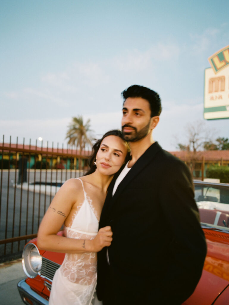 Bride and groom posing for their Las Vegas elopement photoshoot