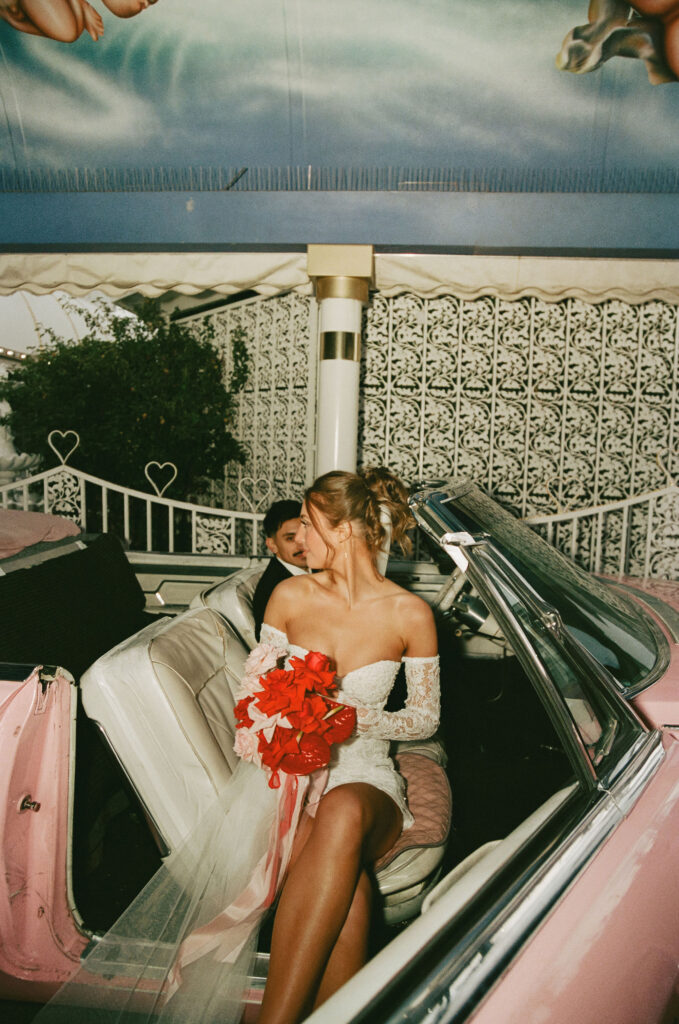 Editorial film elopement photos in Las Vegas at The Little White Wedding Chapel