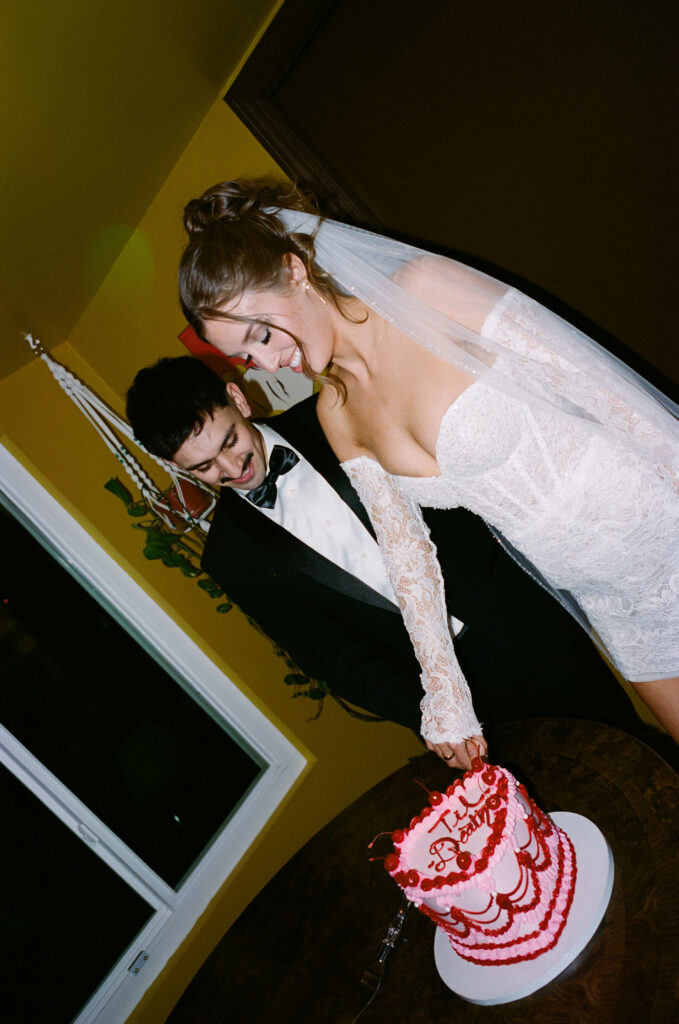 Bride and groom cutting into a retro pink and red wedding cake during their film elopement celebration.