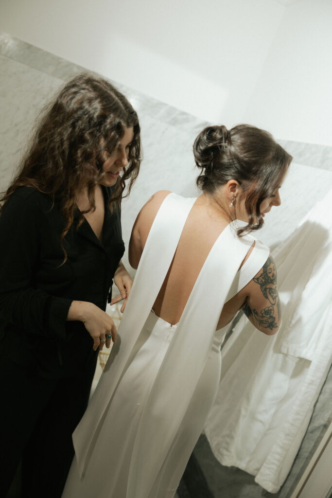Bride getting ready for her New York City elopement at The Hotel Chelsea.